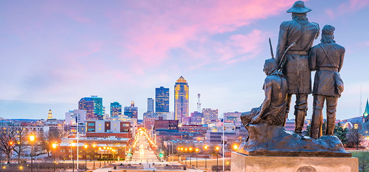 the Des Moines skyline at sunset